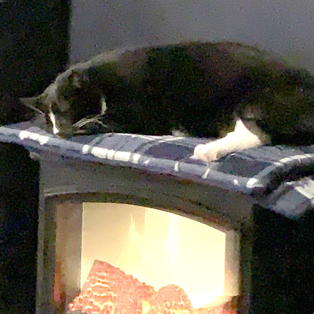 Black cat on a plaid cat mat over a fireplace.