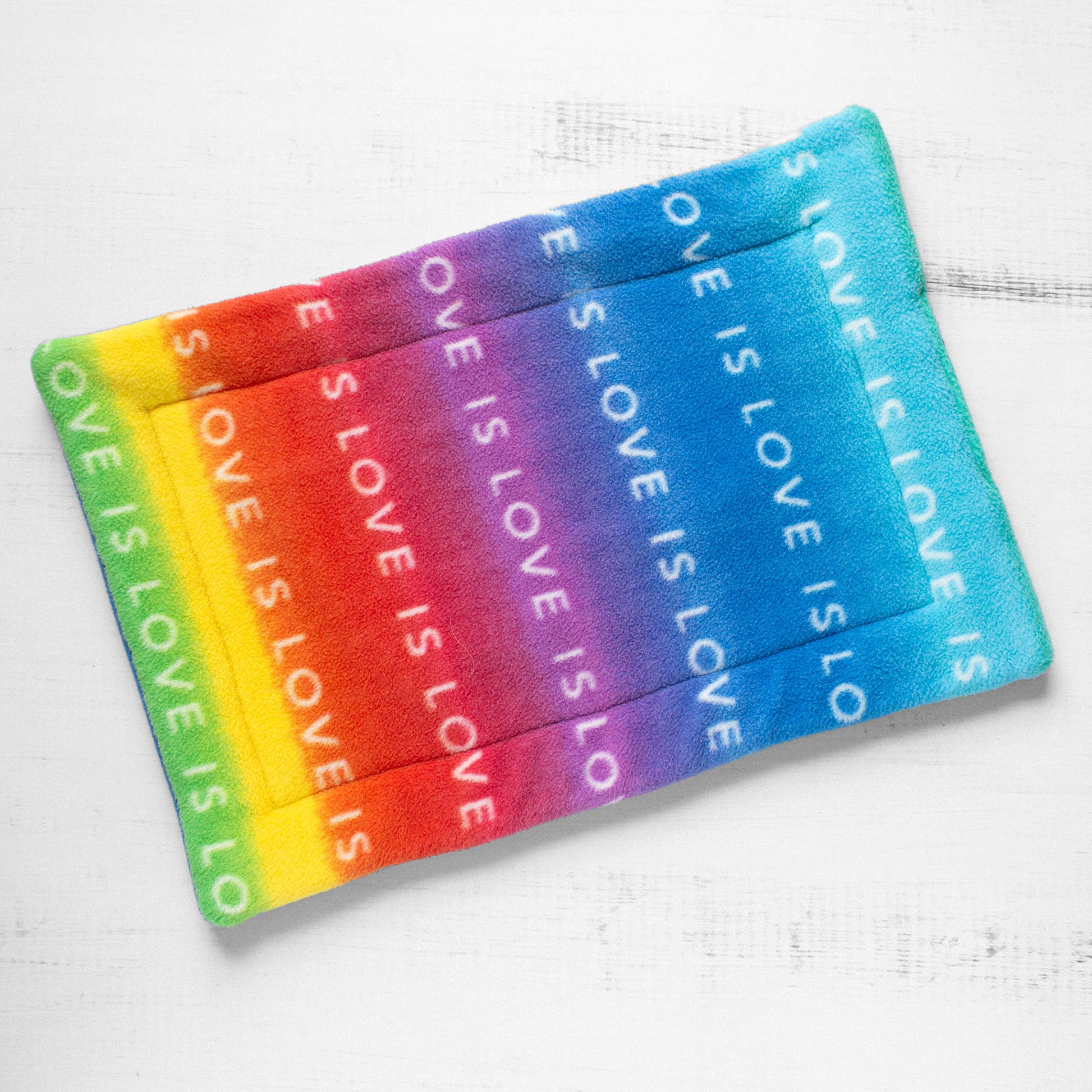 Top view of cat mat with text Love Is Love printed on rainbow colored background.