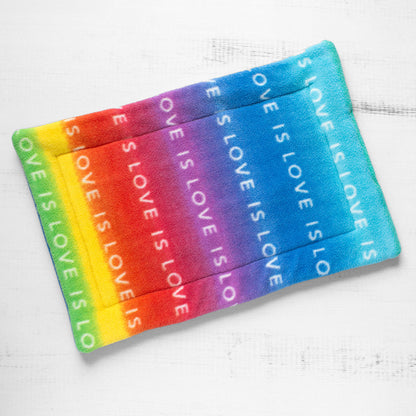 Top view of cat mat with text Love Is Love printed on rainbow colored background.