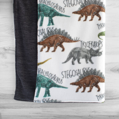 Dog blanked hanging up showing dinosaurs with text identifiying the dinosaur on front, and dark heather grey fabric on back.