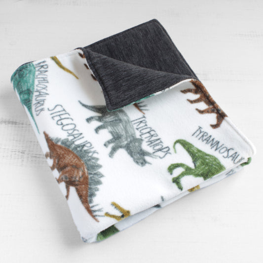 Dog blanked folded up showing dinosaurs with text identifiying the dinosaur on front, and dark heather grey fabric on back.