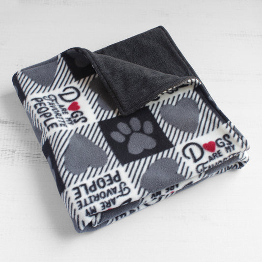 Dog blanket folded up with dark grey and white checkerboard pattern. Some squares have grey hearts or paw prints, and others have text that says dogs are my favorite people. Back side if dark heather grey.